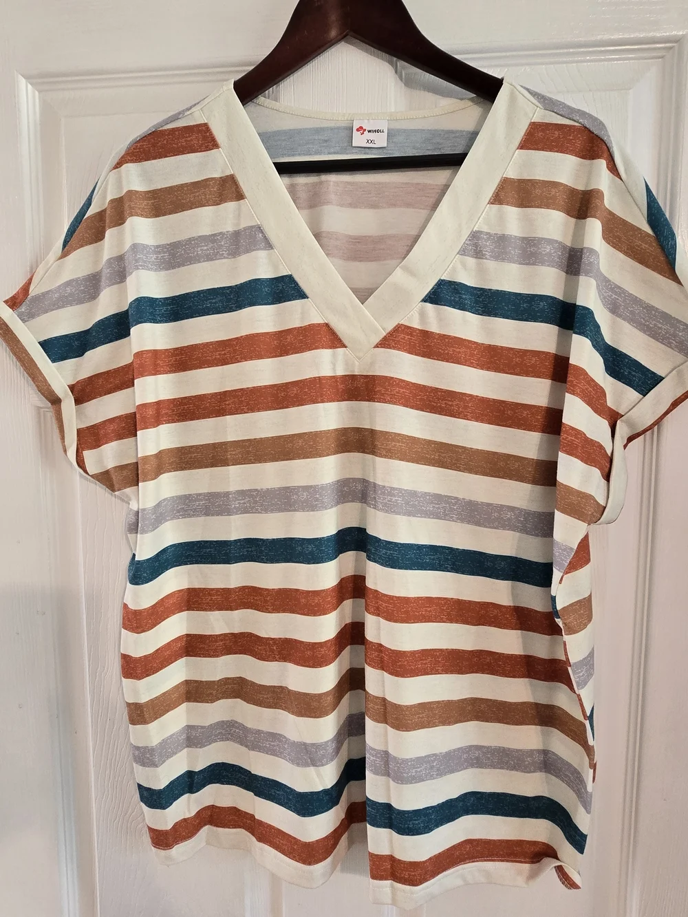 Striped V-Neck Short Sleeve Top in Multi-Color